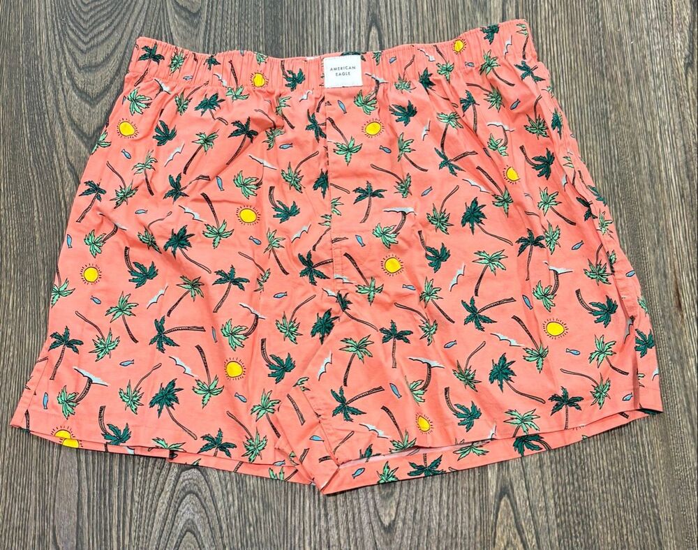 American Eagle Men's Elastic Waist Sunny Palms Stretch Boxer Shorts Coral Large